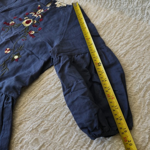 Hidden Alley Embroidered Blouse Sz S Blue‎ Ballon Sleeve Linen Blend Boho Top - Picture 16 of 16